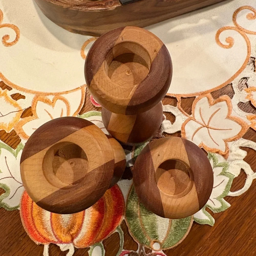 Wooden candle holder Set - Natural/Brown set of 3 handmade and signed